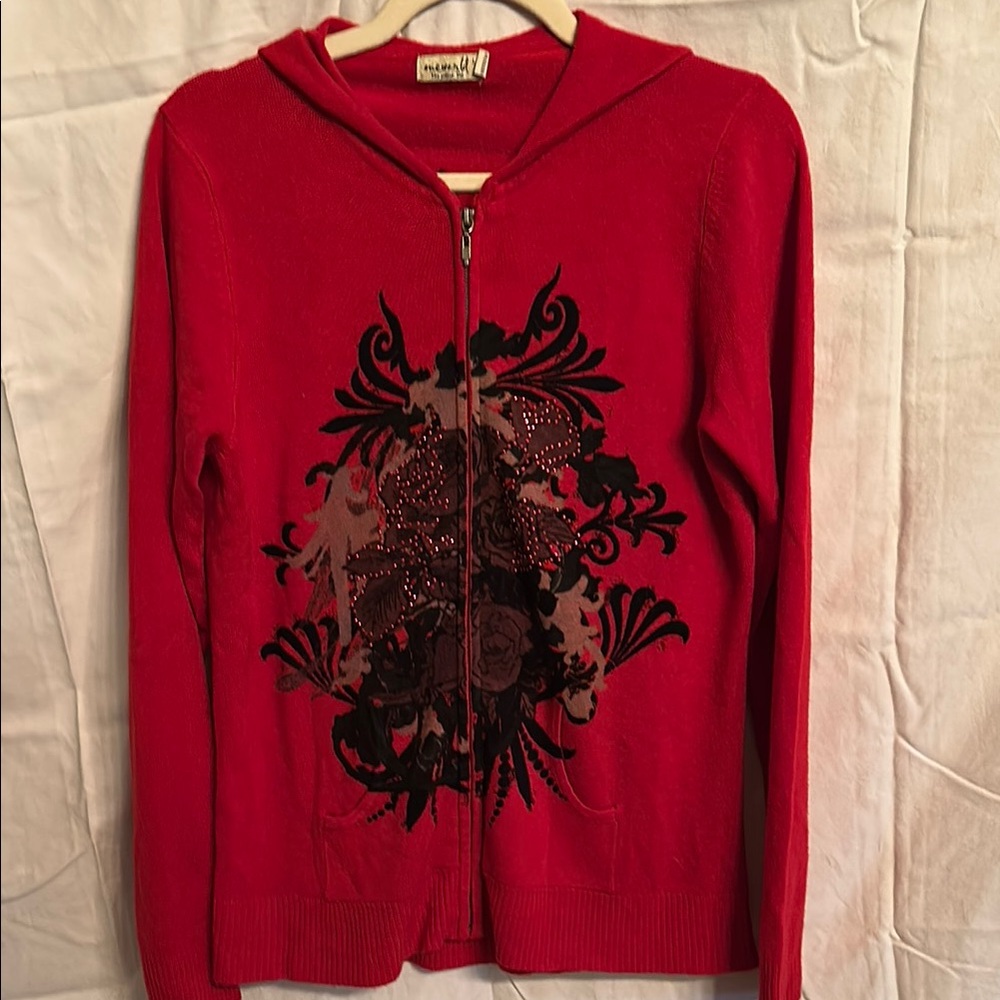 Red and Black zip up Cardigan Sweater with hood.  Bold Botanical Design